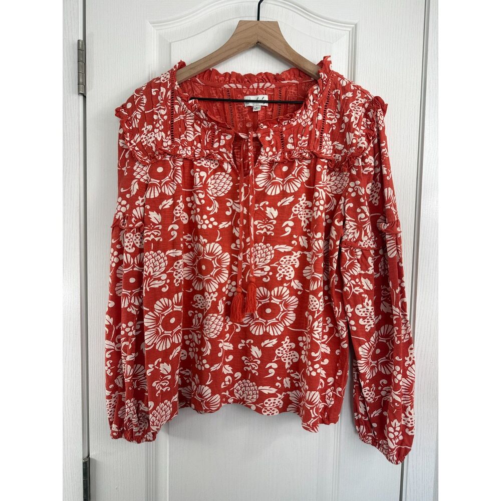 Wonderly Women's Orange Cream Floral Long Sleeve Cotton Top Size S Small